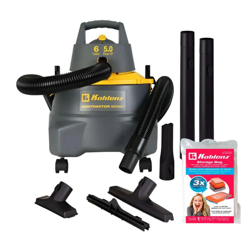 Kit Aspiradora Koblenz WD-6 C212 Uso Rudo Contractor 6 Galones 5.0 HP + Bolsa de Almacenamiento Koblenz Reutilizable con Valvula